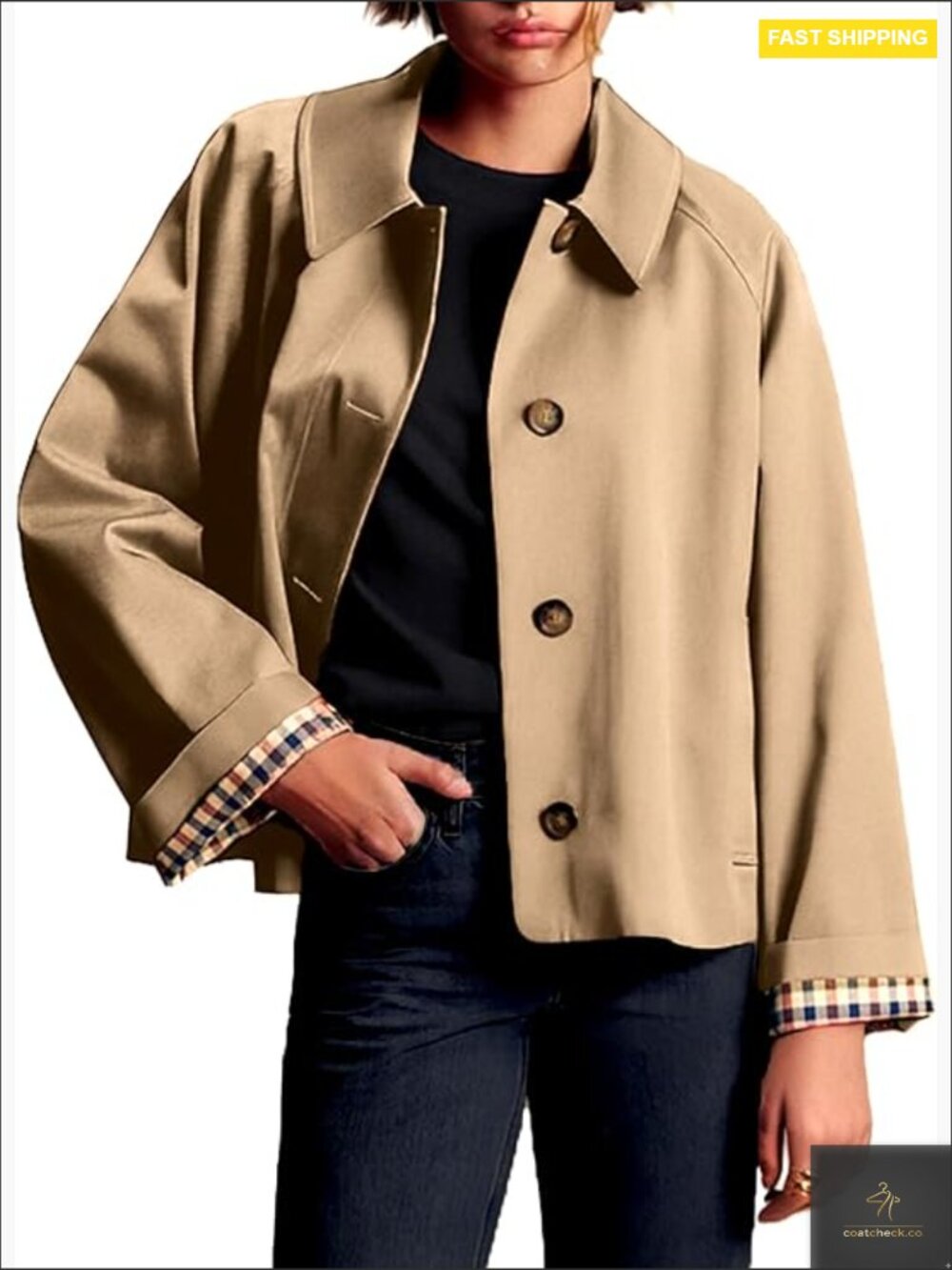 Oversized Trench Coat Cropped Jacket Plaid Lining Chic Classic Fall Outerwear